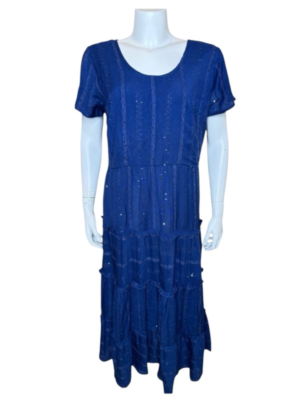 Soft Surroundings Kara Maxi Dress L Tiered Sequin Shimmer Blue